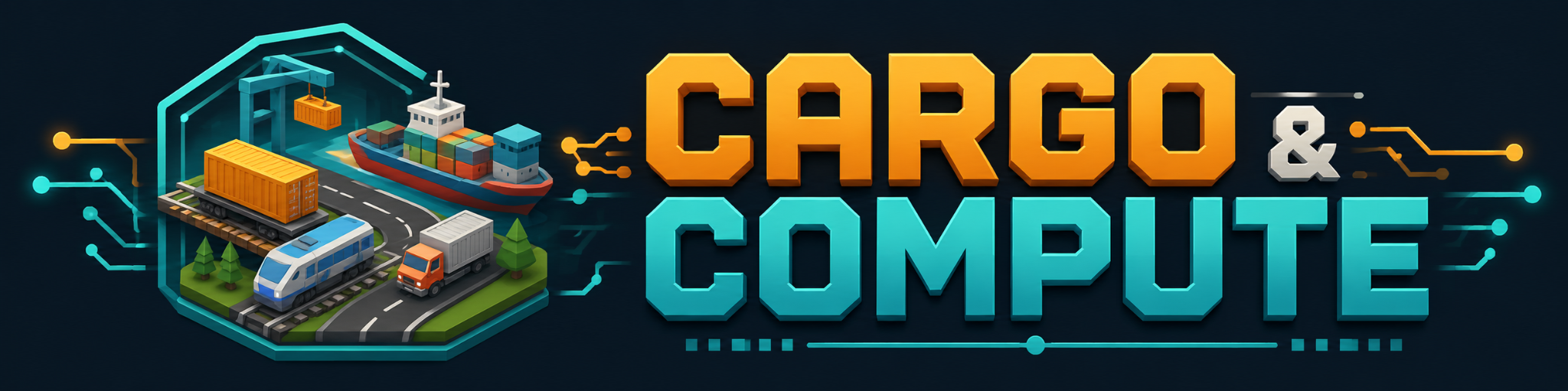 Cargo & Compute logo showing a truck, train, ship and crane around a freight depot