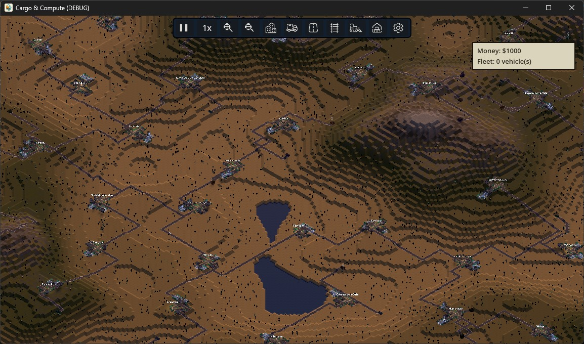 Wide view of a generated Cargo & Compute world with roads, settlements, lakes and rugged terrain