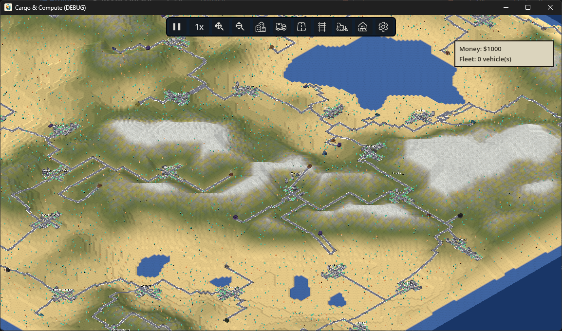 Snow-covered mountains and lakes in a generated Cargo & Compute world