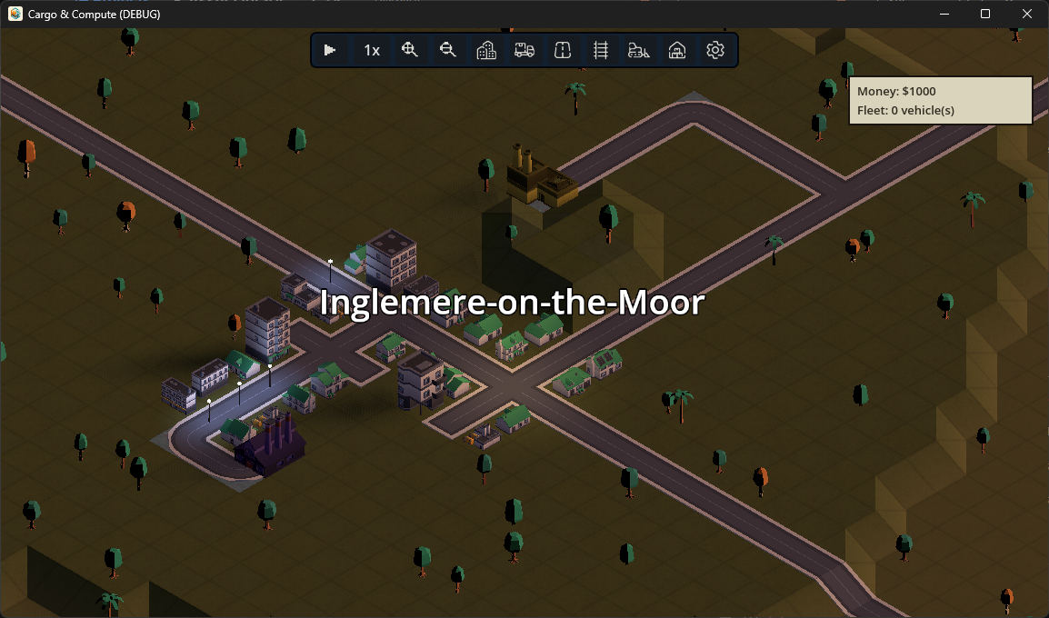 Current Cargo & Compute build showing a growing town with roads, industry and surrounding terrain