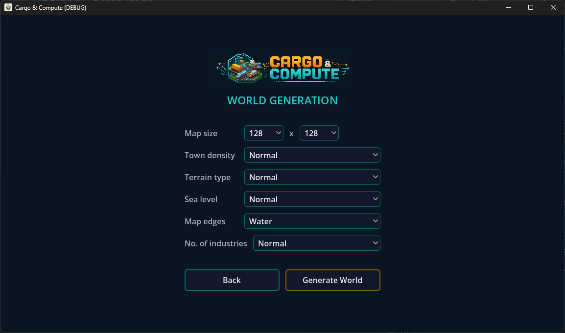Cargo & Compute world generation screen showing map size, town density, terrain and sea level settings